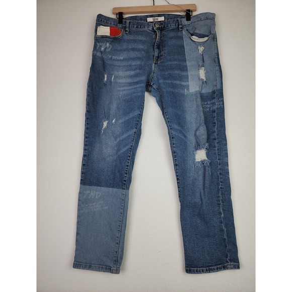 Tommy Hilfiger Mens Etroite Jeans 38x30 Patchwork Colorblock - Picture 1 of 16
